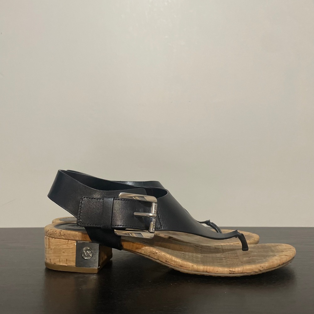 Michael Kors Black Leather Thong Sandals Cork Block Heel Womens 7M